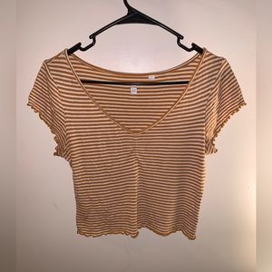 PacSun gold and white striped ribbed lettuce trim v-neck short sleeve crop top